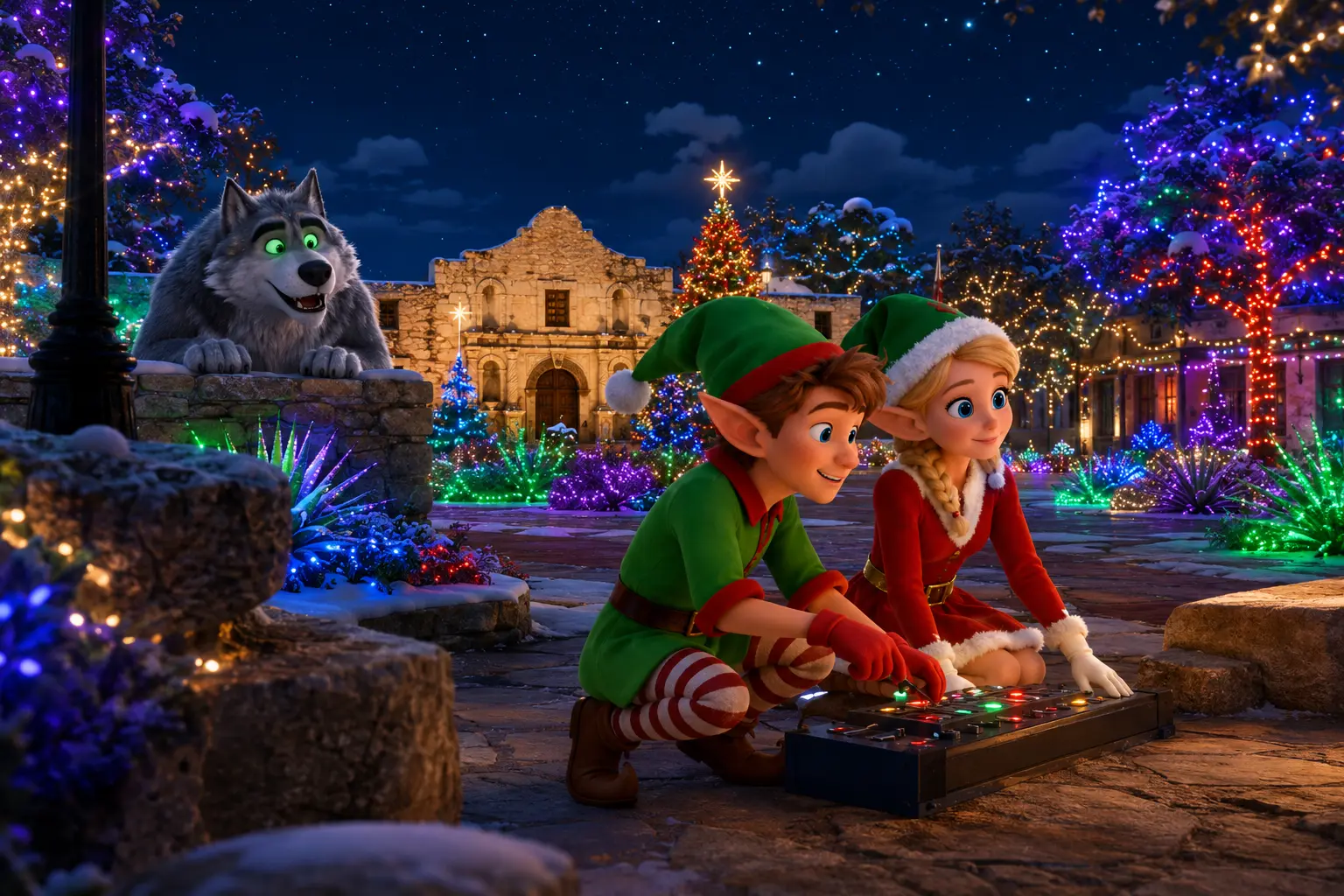 Trusty, Lady Elf and the Big Bad Wolf surrounded by animated Christmas lights