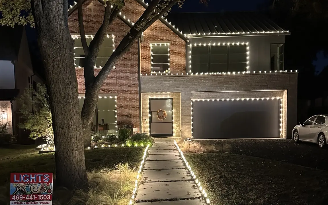 Lakewood home after Christmas light installation | Elf’s Christmas Lights Lakewood home after professional roofline, window and walkway Christmas light installation