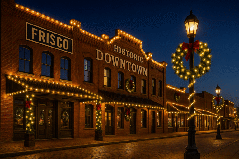 Brick buildings in Frisco’s Historic District decorated with glowing holiday lights.