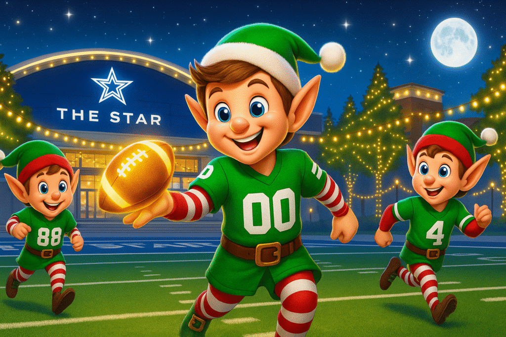 Trusty and two elves wearing football jerseys at The Star in Frisco.