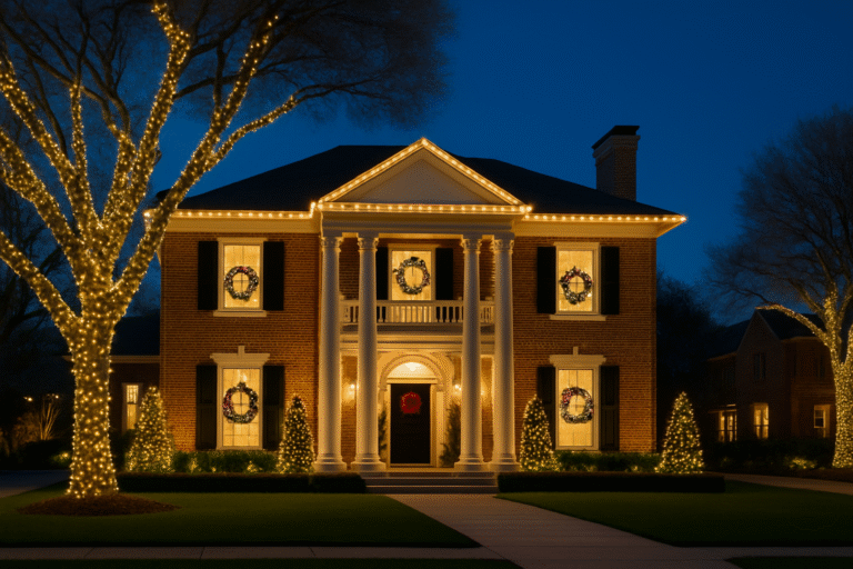Beautiful two-story Dallas Lakewood & White Rock Lake area home glowing with holiday lights.