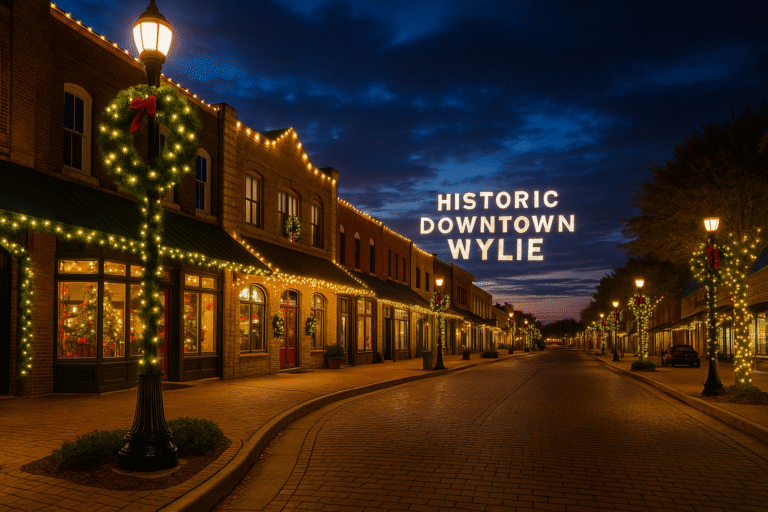 Festive downtown Wylie decorated with Christmas lights and wreaths.