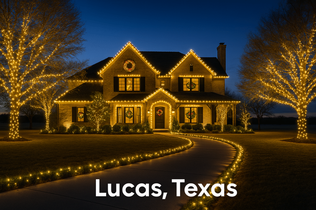 Elegant countryside home in Brockdale Estates & Forest Creek Estates Lucas, Texas decorated with glowing holiday lights.