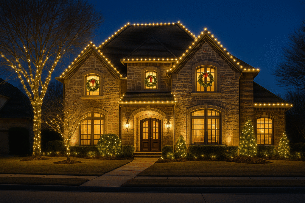 Festive roofline and trees wrapped in warm holiday lights in Stonebridge Ranch, Mckinney.