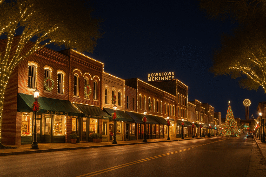 Brick buildings and trees wrapped in holiday lights in McKinney’s historic district.