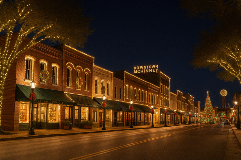 Brick buildings and trees wrapped in holiday lights in McKinney’s historic district.