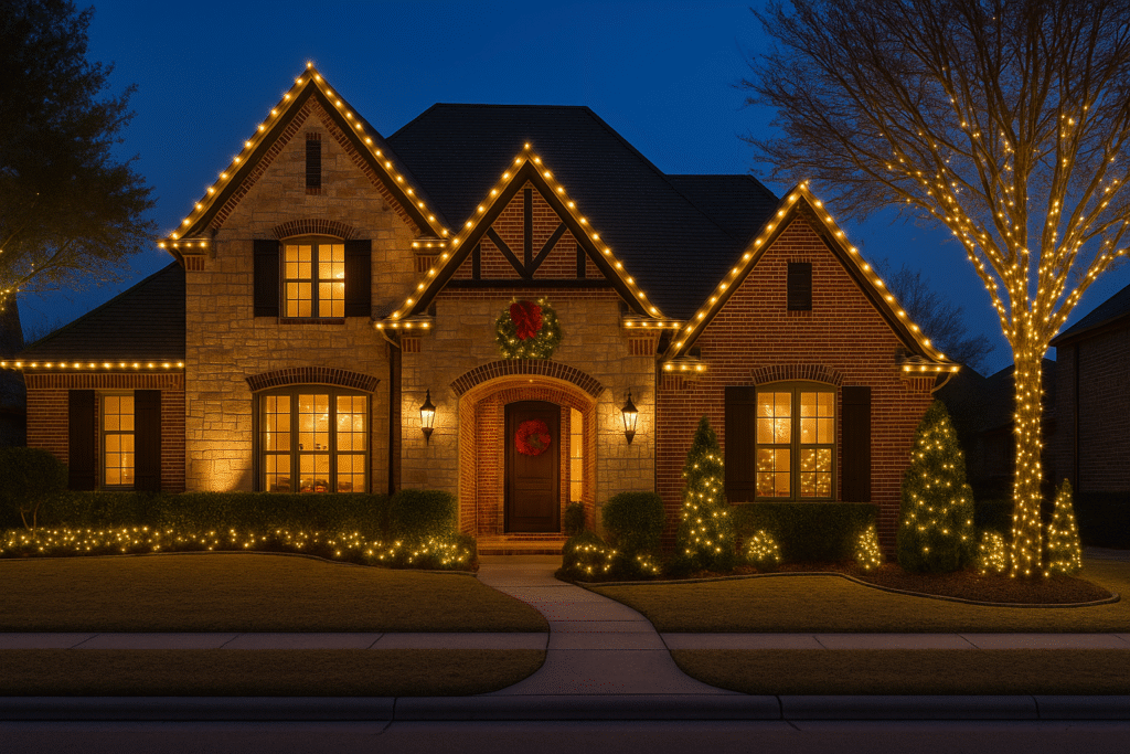 Home in Kings Ridge, Plano decorated with elegant Christmas lights.