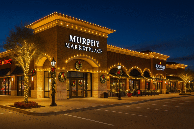 Festive roofline and trees glowing with holiday decorations in Murphy.