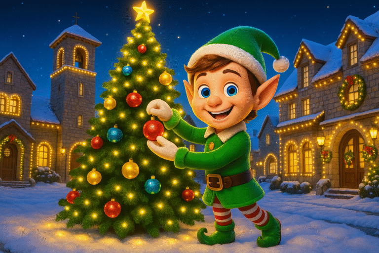 Trusty the Elf decorating a giant Christmas tree in Adriatica Village.