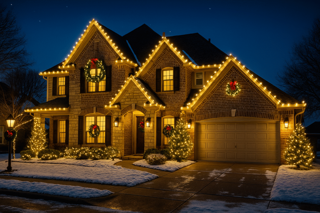 Festive roofline and trees wrapped in warm holiday lights in Kings Ridge, Plano.
