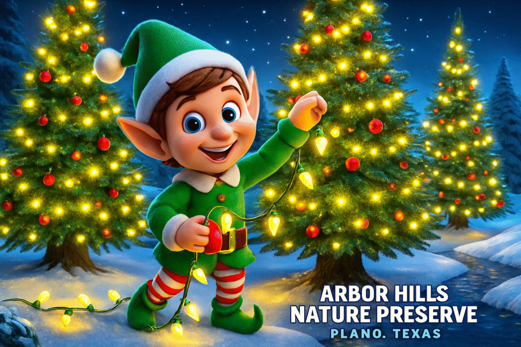 Trusty the Elf decorating glowing Christmas trees at Arbor Hills Nature Preserve.