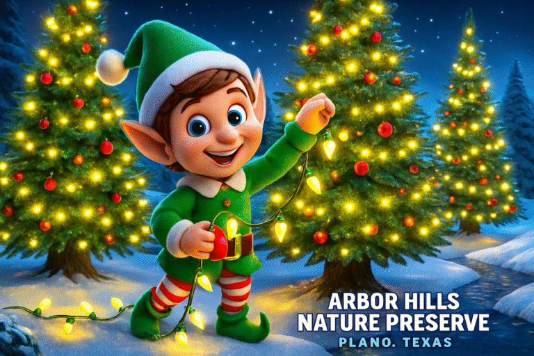 Trusty the Elf decorating glowing Christmas trees at Arbor Hills Nature Preserve.