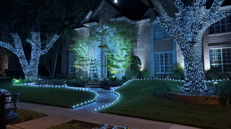 Festive roofline and trees wrapped in warm holiday lights in Phillips Creek Ranch, Frisco Texas.