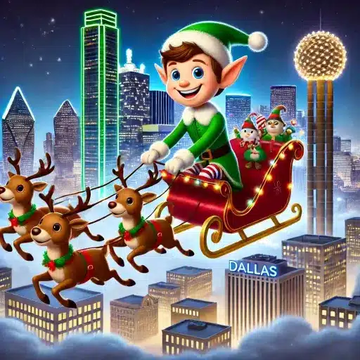 Trusty riding around Dallas in Santas sleigh with Rudolf the reindeer and his buddies.