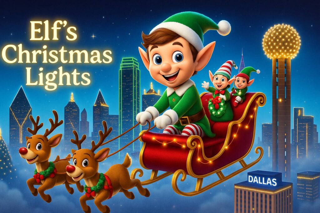 Trusty and elf friend riding around in Santas sleigh with Rudolf around the Dallas skyline